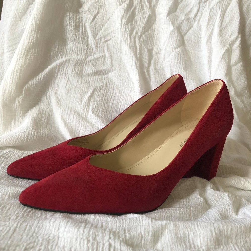 red suede Marc Fisher block heel pumps